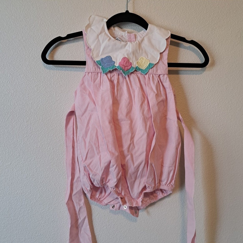 VINTAGE Samara Pink Seersucker Rose Embroidered Bubble Romper Scallop Collar 4T